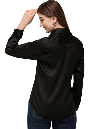 Bowrain Satin Silk Fabric Spread Collar Full Sleeve Top