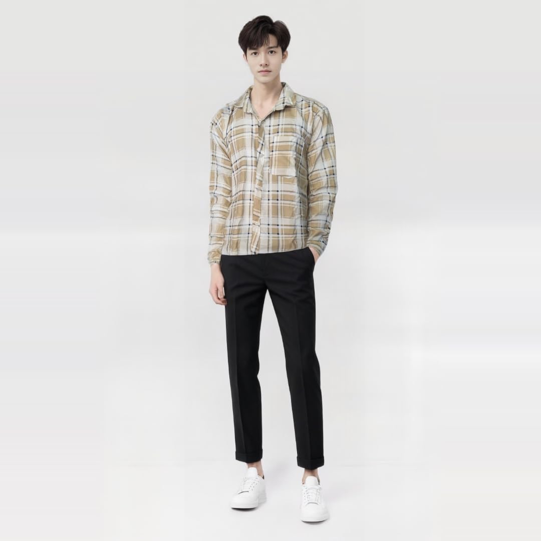 Classic Plaid Button-Down Shirt, Long Check Pattern