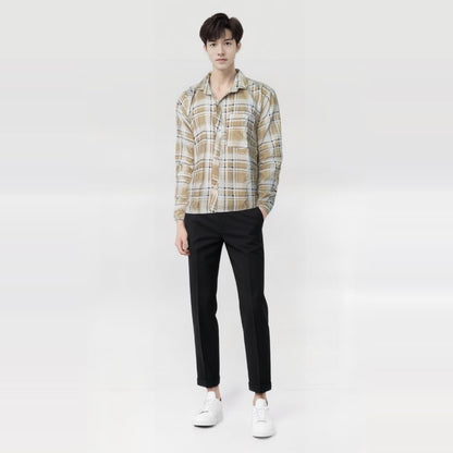 Classic Plaid Button-Down Shirt, Long Check Pattern