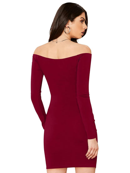 Off-Shoulder Ruched Bodycon Dress, Long Sleeve, Wine Red