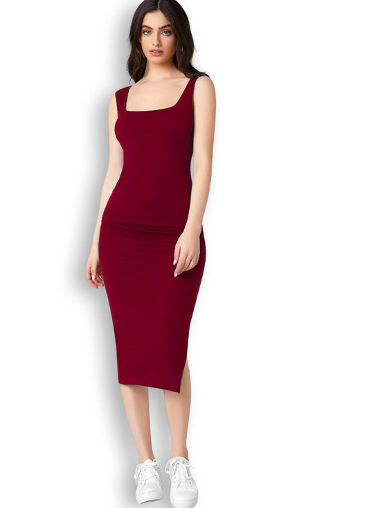 rosery paris Square Neck Sleeveless Black Bodycon Dress for Women and Casual wear