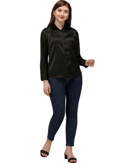 Bowrain Satin Silk Fabric Spread Collar Full Sleeve Top