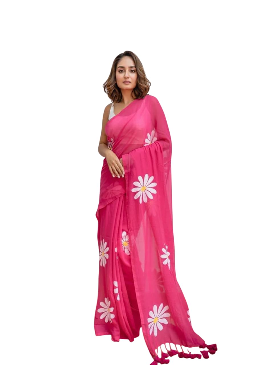 Linen Saree with White Daisy Floral Print, With Blouse