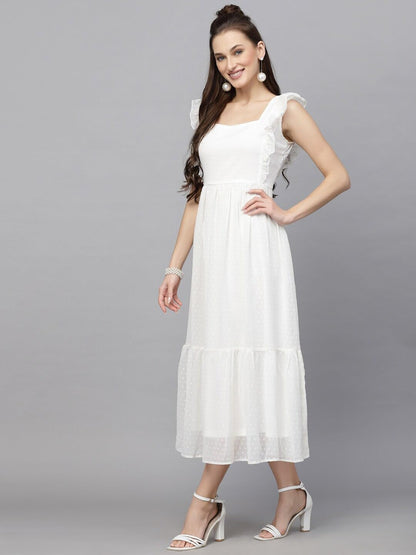 Jacquard Butti Square Neck Knee Length Western Dresses for Women