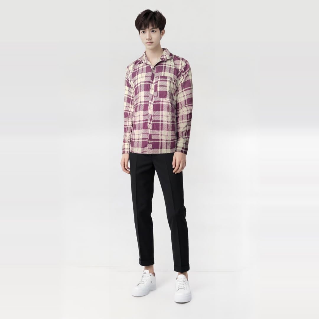 Classic Plaid Button-Down Shirt, Long Check Pattern