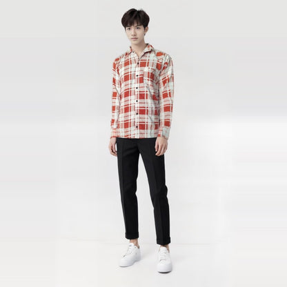 Classic Plaid Button-Down Shirt, Long Check Pattern