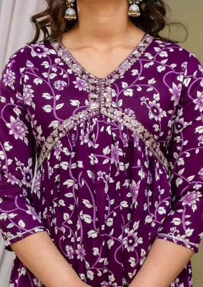 Women's Floral Print Rayon Kurta Set with Lace Pants