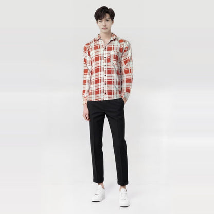 Classic Plaid Button-Down Shirt, Long Check Pattern