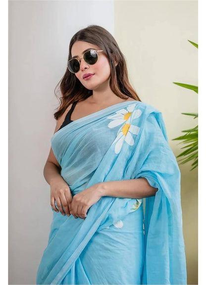 Linen Saree with White Daisy Floral Print, With Blouse