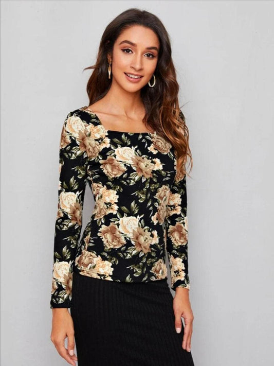 Dream Beauty Fashion Women's Full Sleeve Square Neck Printed Fitted Tee -23" Inches (Sania-Top)