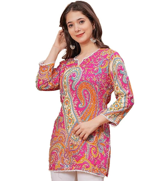 Sanjh Women's Rayon Printed Straight Short Kurta