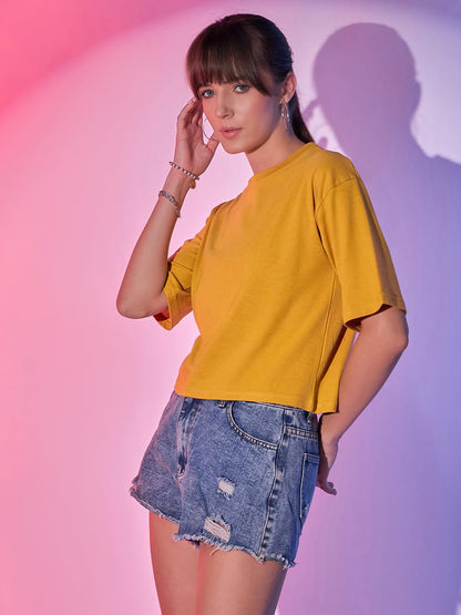 Boxy Fit Drop Shoulder Baggy Fit Cropped Tshirts Cotton Solid Loose Fit Round Neck Women Short T-Shirt
