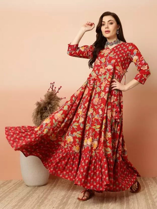 Women's Rayon Anarkali Floral Printed Angrakha Kurta
