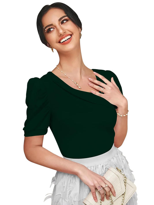 Dream Beauty Fashion Women's Polyester Slim Fit Puff/Balloon Bishop Sleeve Elegant Casual Tee Top