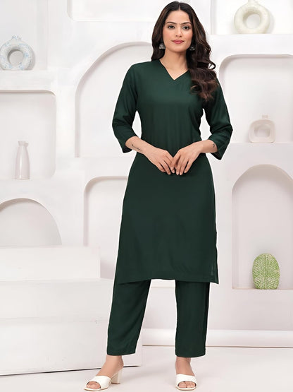 Women's Rayon Solid Plain v Neck Kurta Trouser/Pant Set