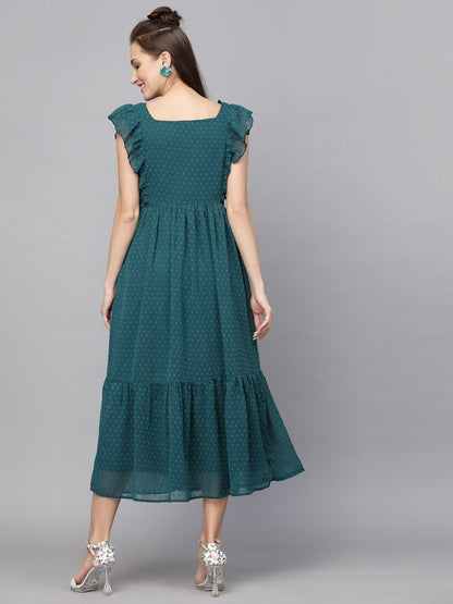 Jacquard Butti Square Neck Knee Length Western Dresses for Women
