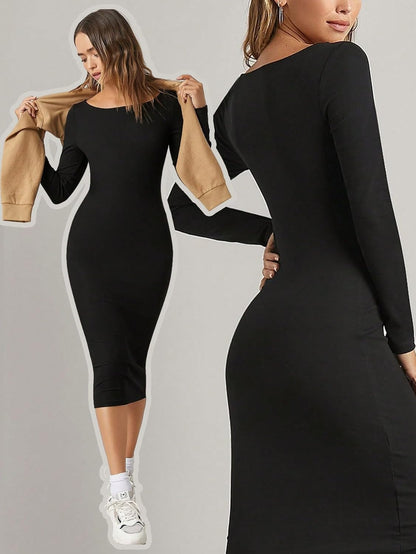 Aahwan Solid Round Neck Solid Bodycon Midi Dress for Women's & Girl's