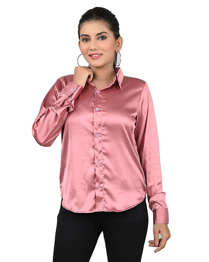 Bowrain Satin Silk Fabric Spread Collar Full Sleeve Top