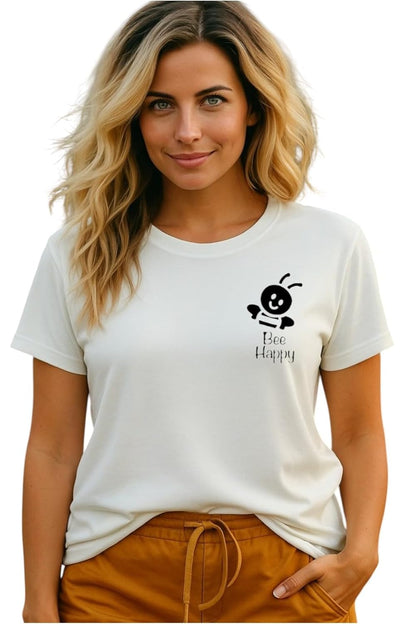 Adixus Women's Bee Happy Graphic Print T-Shirt, White, Crew Neck, Polyester