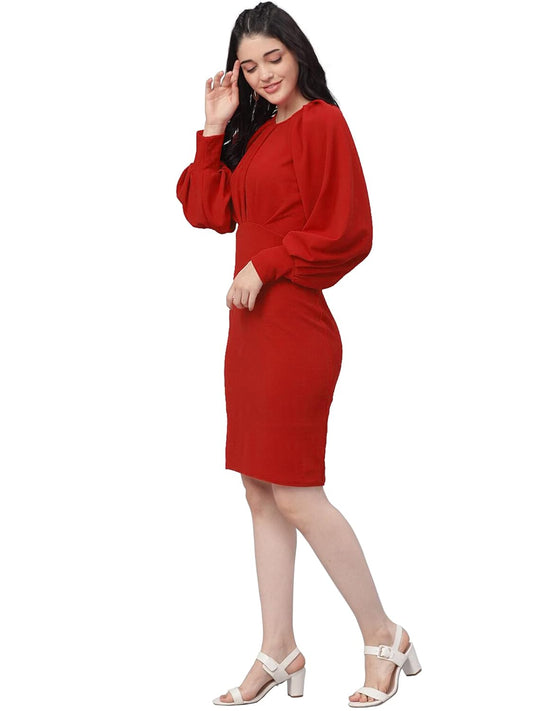 Shasmi Women's Comfortable Mustard Round Neck Full Sleeve Solid Midi Bodycon Casual Western Stylish Dress