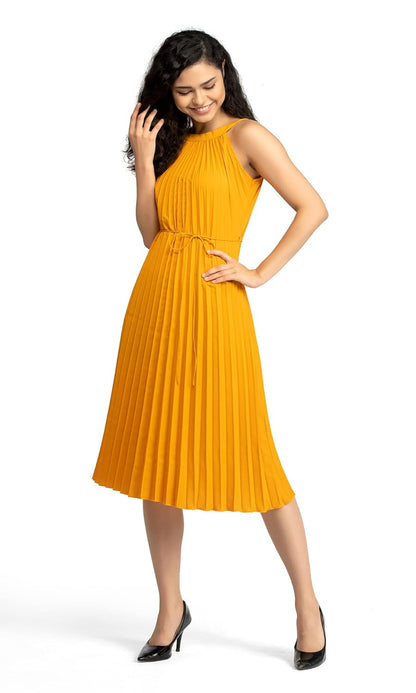 AASK Women's Elegant Belted Pleated Sleeveess Short Dress Color
