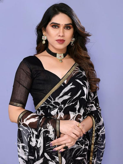 Women's Lace & Printed Chiffon Saree