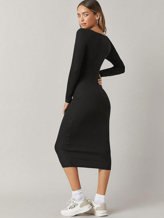 Aahwan Solid Round Neck Solid Bodycon Midi Dress for Women's & Girl's