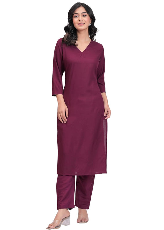 Women's Rayon Solid Plain v Neck Kurta Trouser/Pant Set