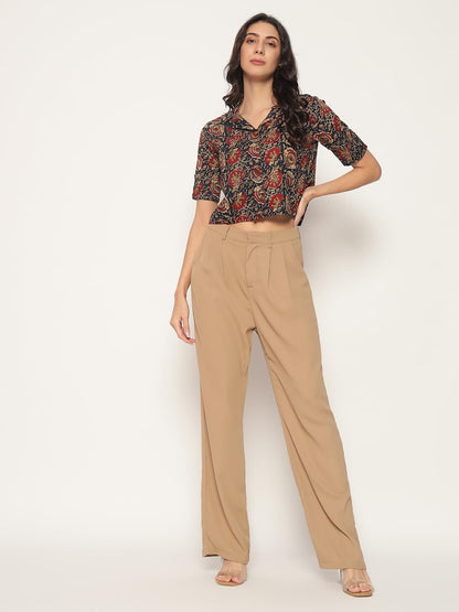 HION HILS Women's Kalamkari Printed Cuban Collar