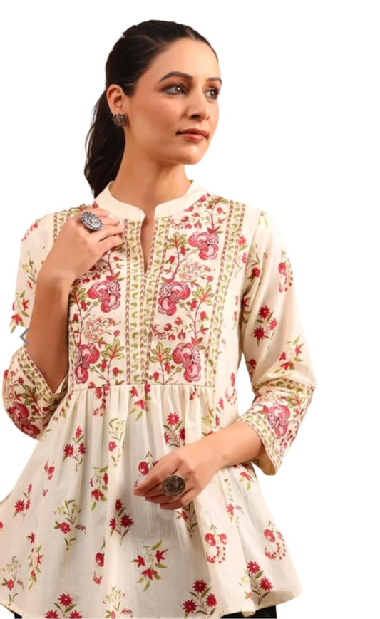 Womens Cotton Printed Anarkali Short Top Kurti