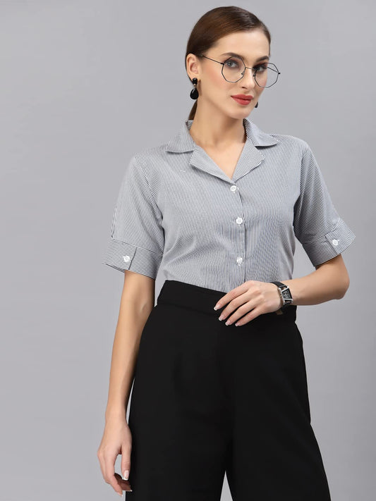 Style Quotient Women Navy Blue Smart Striped Formal