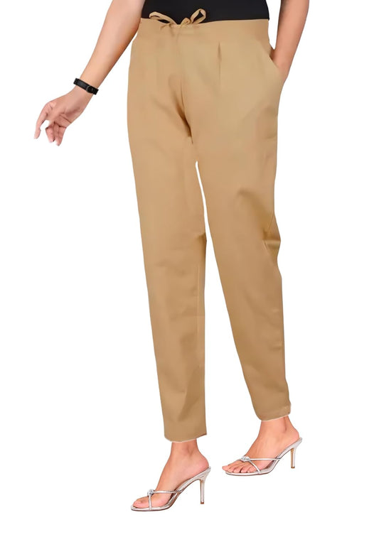 Women's Cotton Relaxed Fit Trousers, Plain Pattern