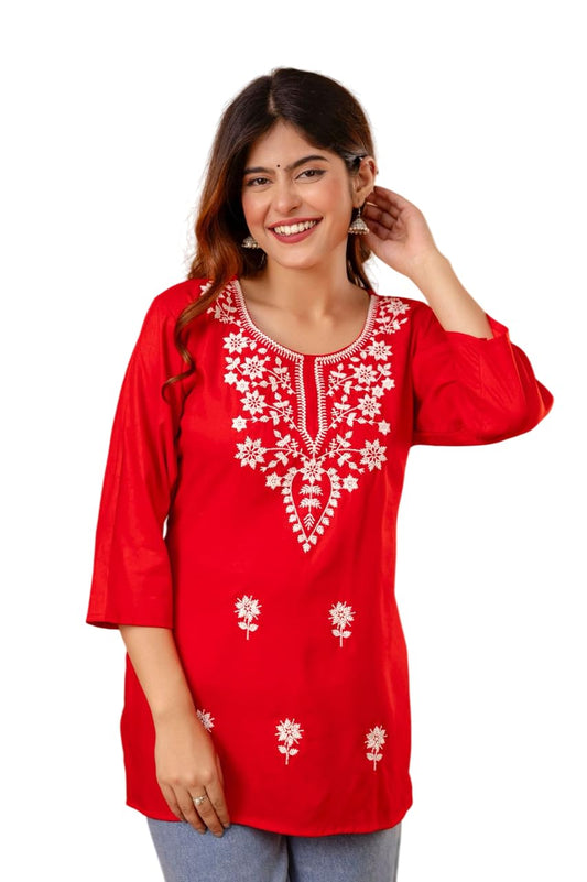 Women's Cotton Kurti with White Floral Embroidery