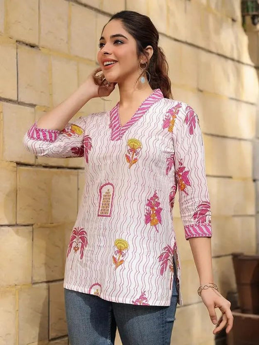 AZQU Women's Rayon Floral Printed V-Neck Kurti Top