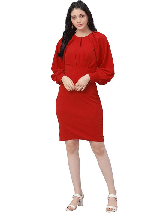 Shasmi Women's Comfortable Mustard Round Neck Full Sleeve Solid Midi Bodycon Casual Western Stylish Dress