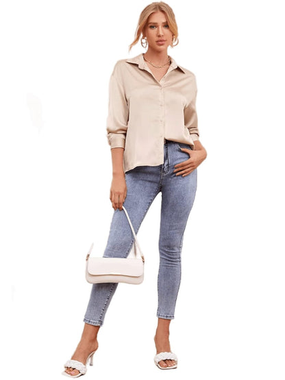 Bowrain Satin Silk Fabric Spread Collar Full Sleeve Top