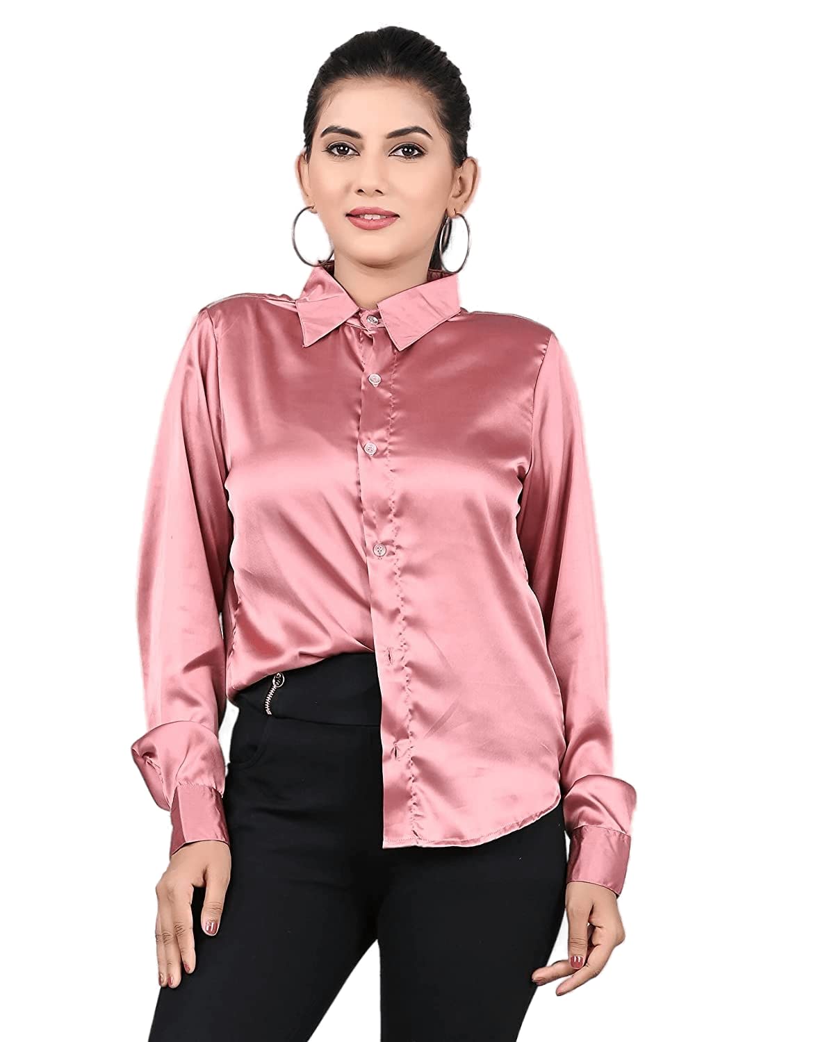 Bowrain Satin Silk Fabric Spread Collar Full Sleeve Top