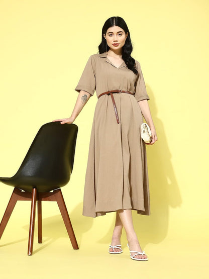 Varanga Women Beige Shirt Collar A-Line Dress
