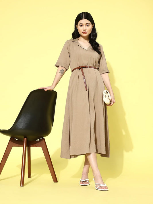 Varanga Women Beige Shirt Collar A-Line Dress