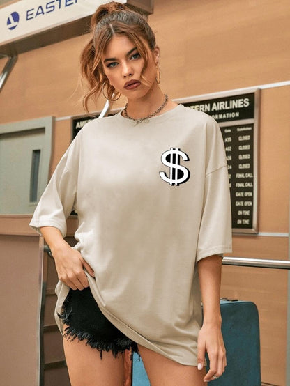 CHKOKKO Women's Polyester Oversized Fit Oversized Round Neck Drop Shoulder Printed T-Shirt