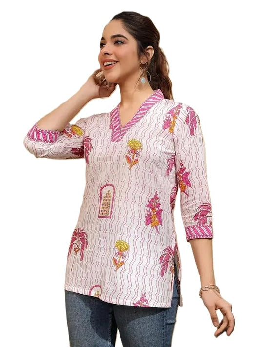 AZQU Women's Rayon Floral Printed V-Neck Kurti Top