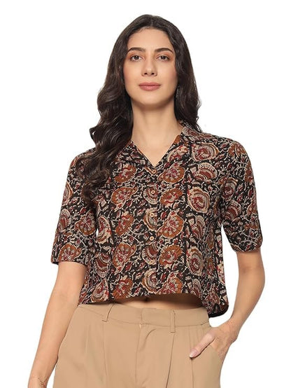 HION HILS Women's Kalamkari Printed Cuban Collar