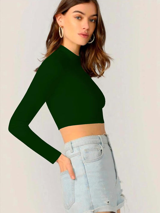 Dream Beauty Fashion Women's Round High Neck Full Sleeves Stylish Crop Top Polyester Blend Tshirt