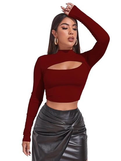 Sugathari Women's & Girl's Solid Knitted Full Sleeve High Neck Ruched Bust Crop Tee Tops (Top 109)