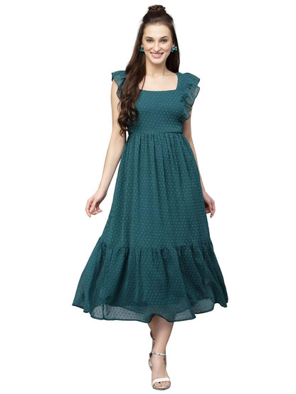Jacquard Butti Square Neck Knee Length Western Dresses for Women