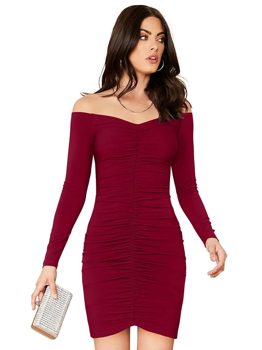 Off-Shoulder Ruched Bodycon Dress, Long Sleeve, Wine Red