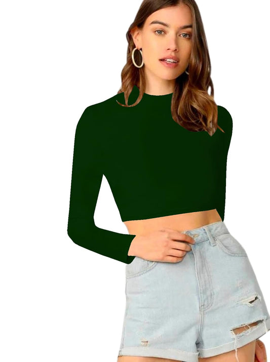 Dream Beauty Fashion Women's Round High Neck Full Sleeves Stylish Crop Top Polyester Blend Tshirt