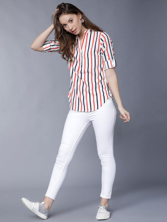 Tokyo Talkies Women's Colorful Striped Shirt-Style Top | Colorful Accents with A Relaxed Yet Structured Fit for A Fresh Look | Tops for Woman | Women Tops | Stylish Top