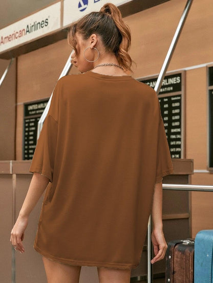 CHKOKKO Women's Polyester Oversized Fit Oversized Round Neck Drop Shoulder Printed T-Shirt