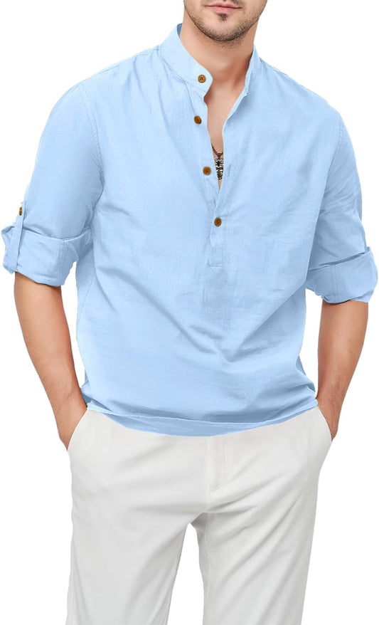 Zombom Men's Cotton Blend Mandarin Collar Self